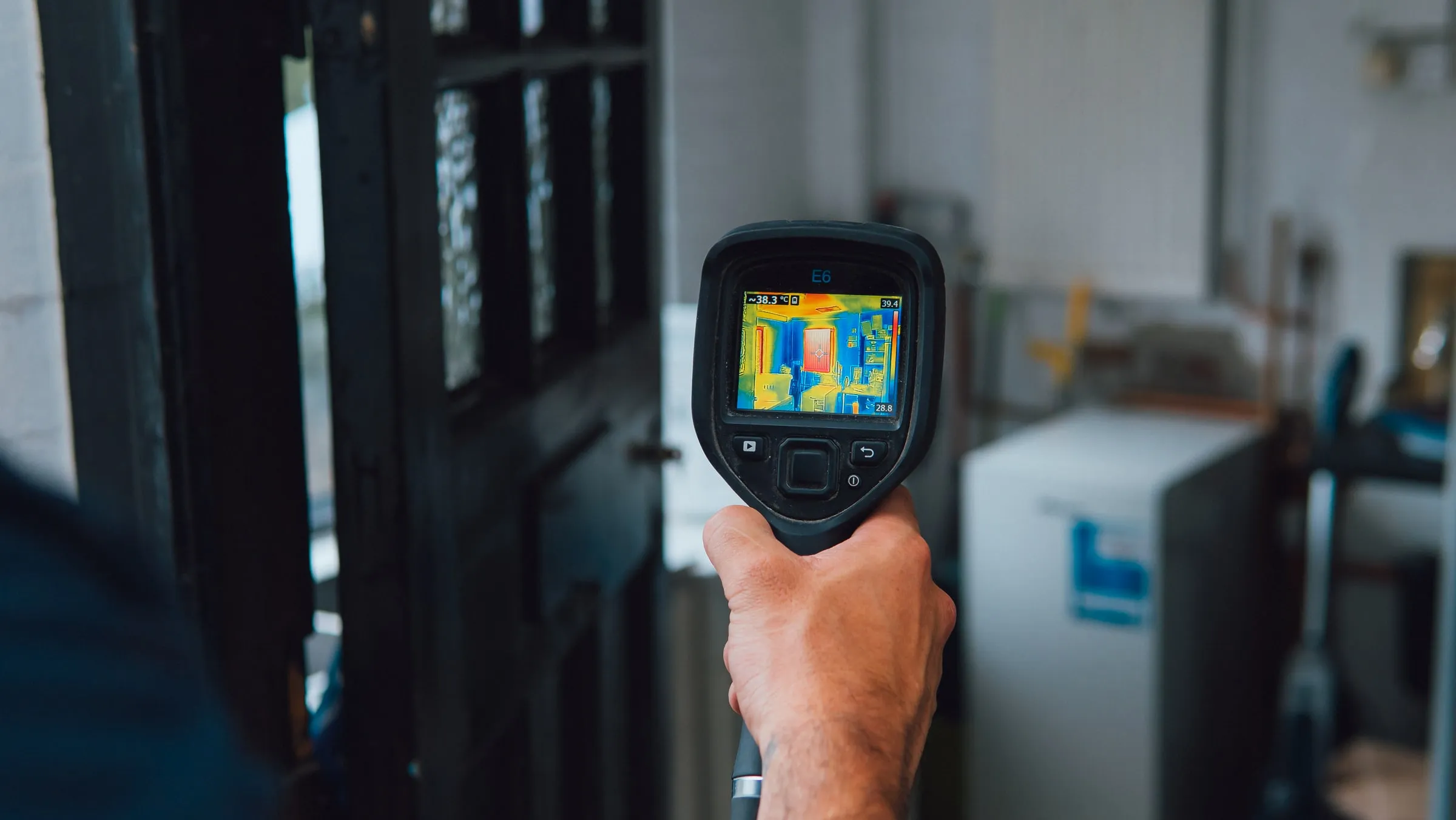 Close-up of a thermal camera held up indoors, its screen showing a coloured heat image of the room in front of it